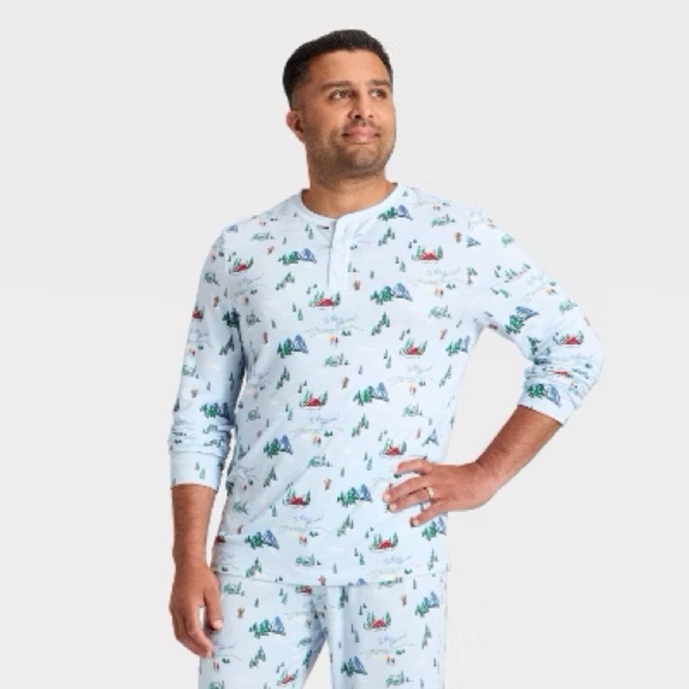 Men’s nwt Tis the Ski-son Cozy Long Sleeve Henley Holiday Pajama Shirt Blue